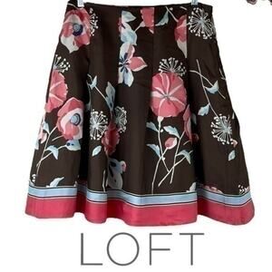 Loft Brown Coral Bold Floral 100% Silk Full Skirt NWOT Size 6
